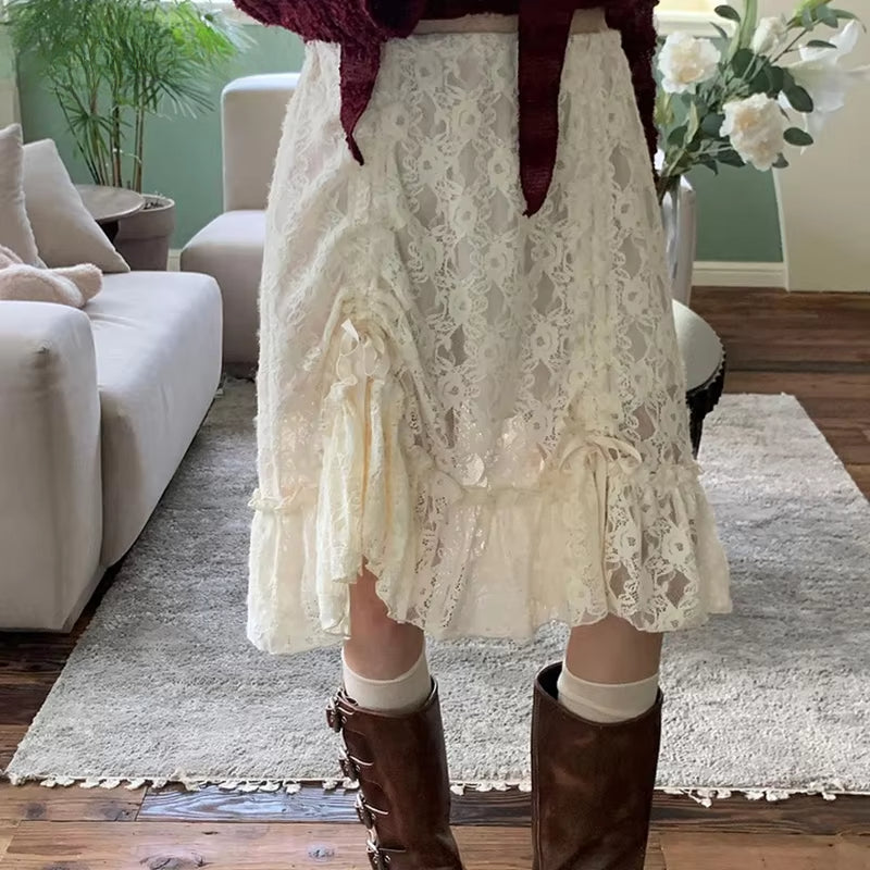 Lace Transparent Vintage Drawstring Bandage Skirt