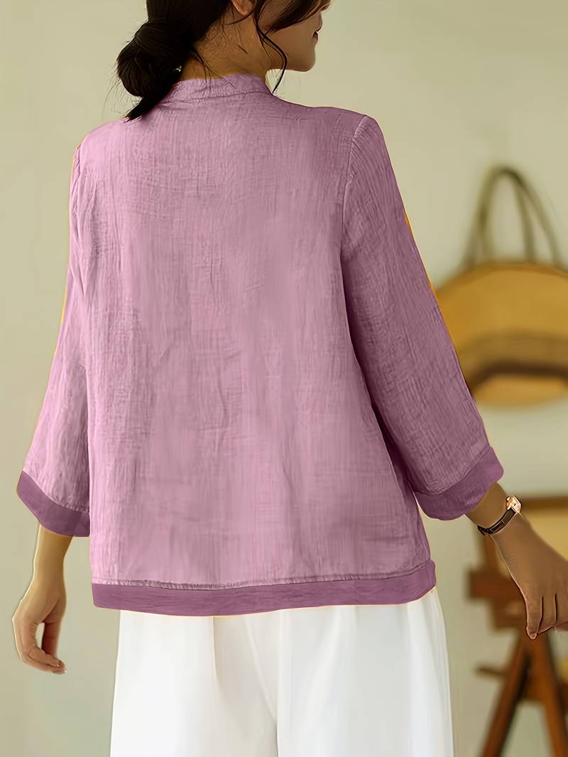 Mandarin Collar Frog Button Linen Blouse for Casual Style