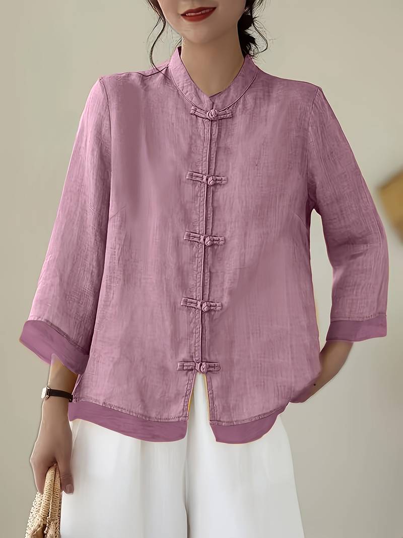 Mandarin Collar Frog Button Linen Blouse for Casual Style