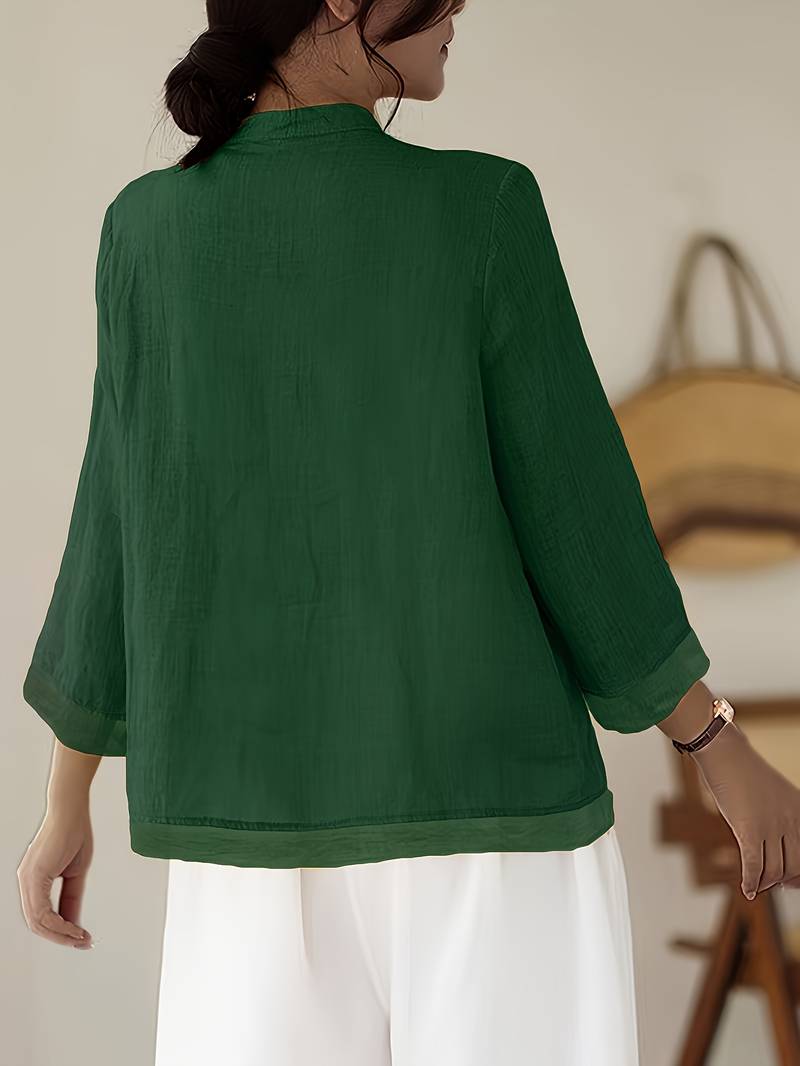 Mandarin Collar Frog Button Linen Blouse for Casual Style