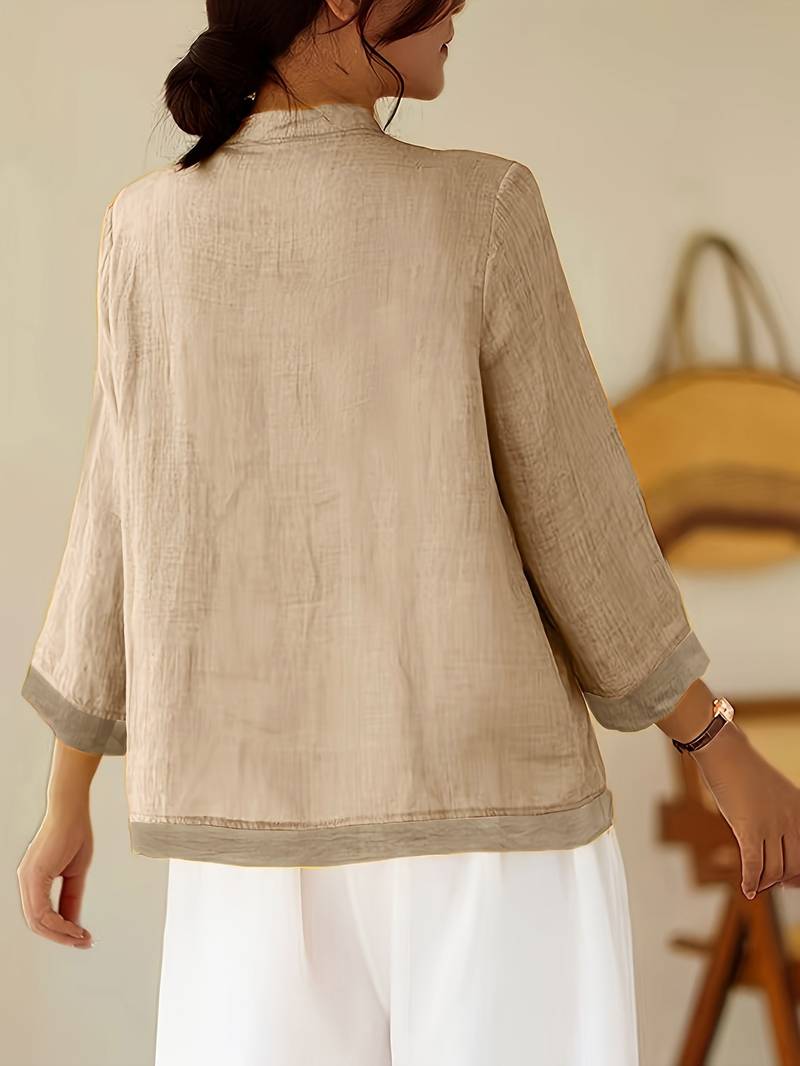 Mandarin Collar Frog Button Linen Blouse for Casual Style