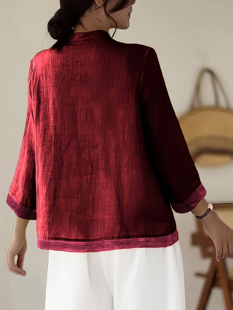 Mandarin Collar Frog Button Linen Blouse for Casual Style