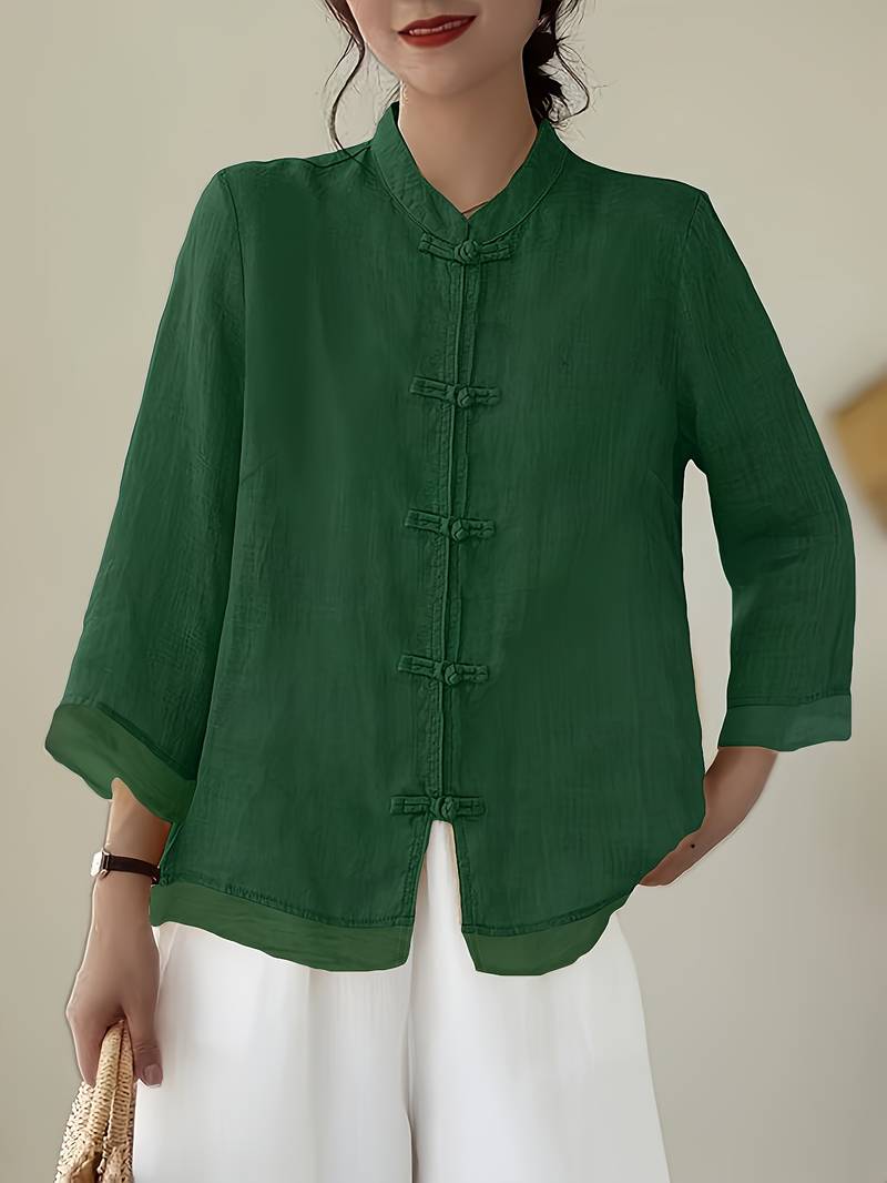 Mandarin Collar Frog Button Linen Blouse for Casual Style