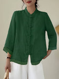 Mandarin Collar Frog Button Linen Blouse for Casual Style