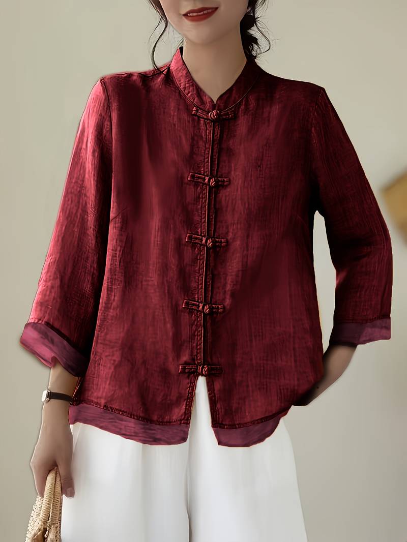 Mandarin Collar Frog Button Linen Blouse for Casual Style
