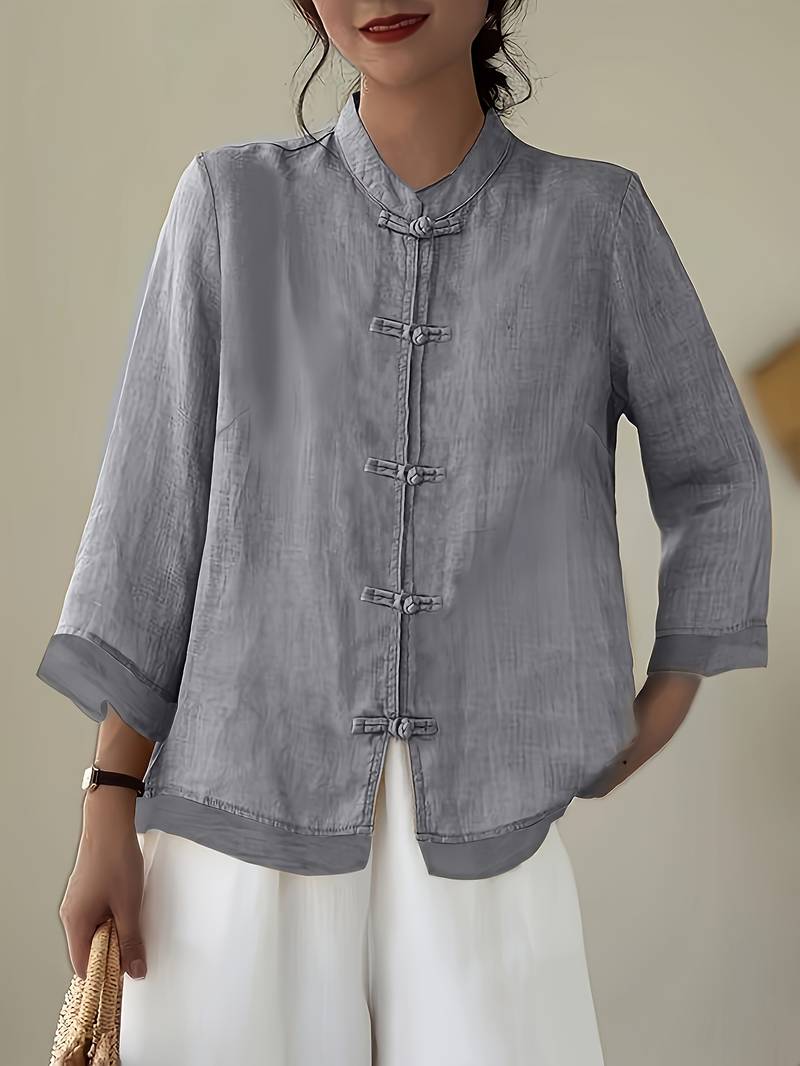 Mandarin Collar Frog Button Linen Blouse for Casual Style