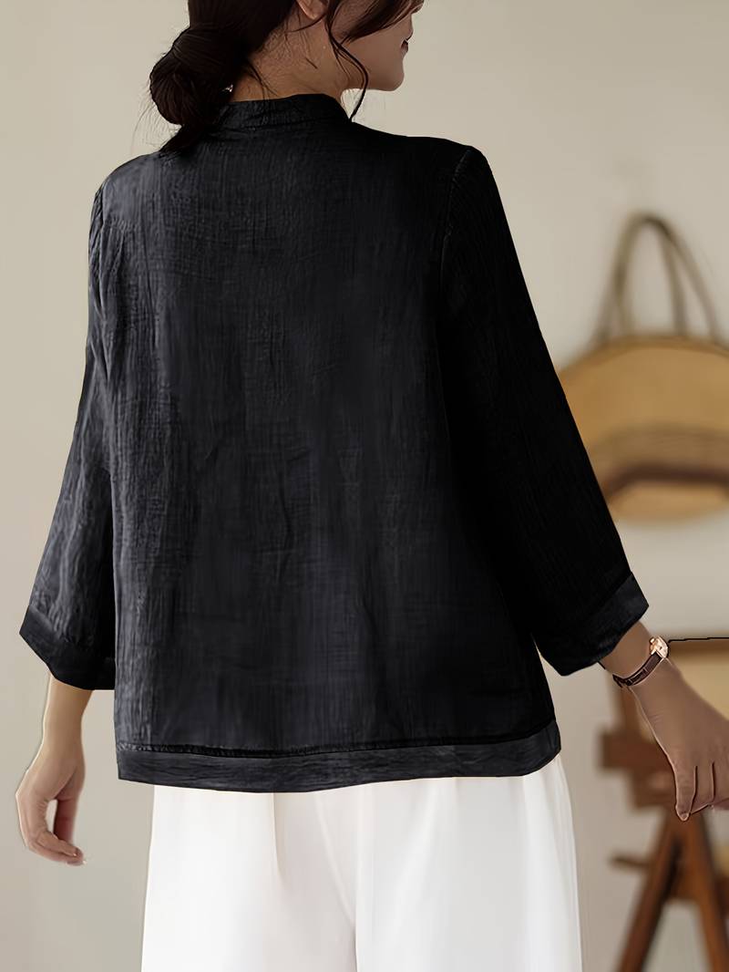 Mandarin Collar Frog Button Linen Blouse for Casual Style