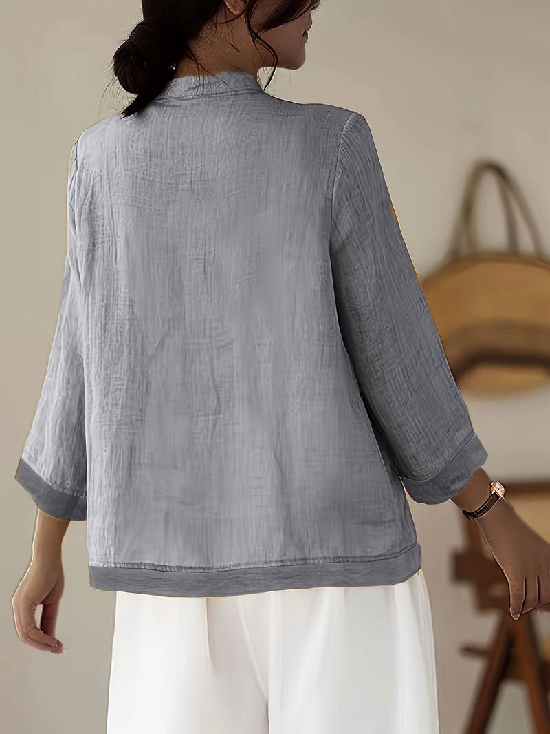 Mandarin Collar Frog Button Linen Blouse for Casual Style