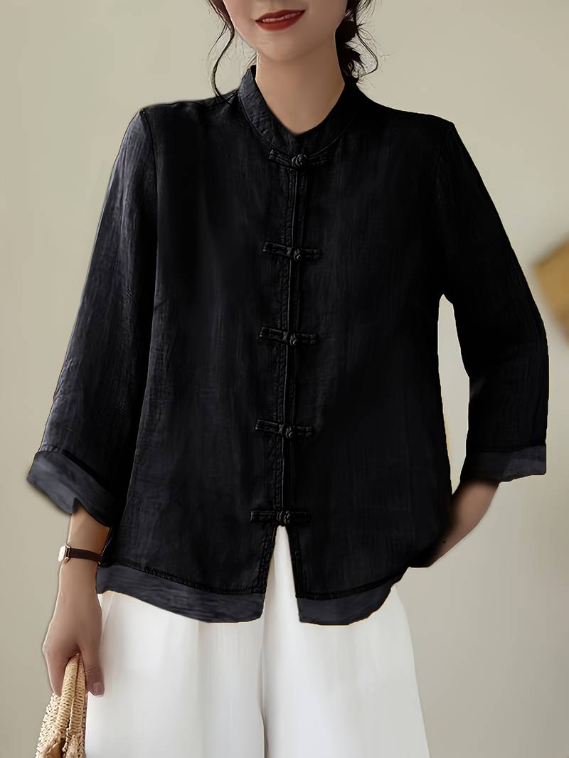 Mandarin Collar Frog Button Linen Blouse for Casual Style