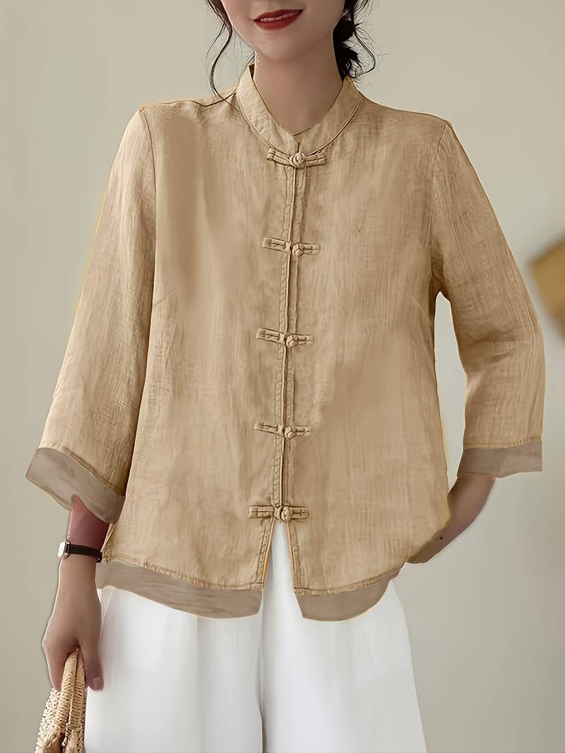 Mandarin Collar Frog Button Linen Blouse for Casual Style