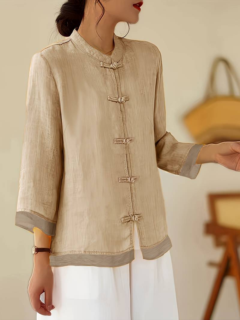 Mandarin Collar Frog Button Linen Blouse for Casual Style