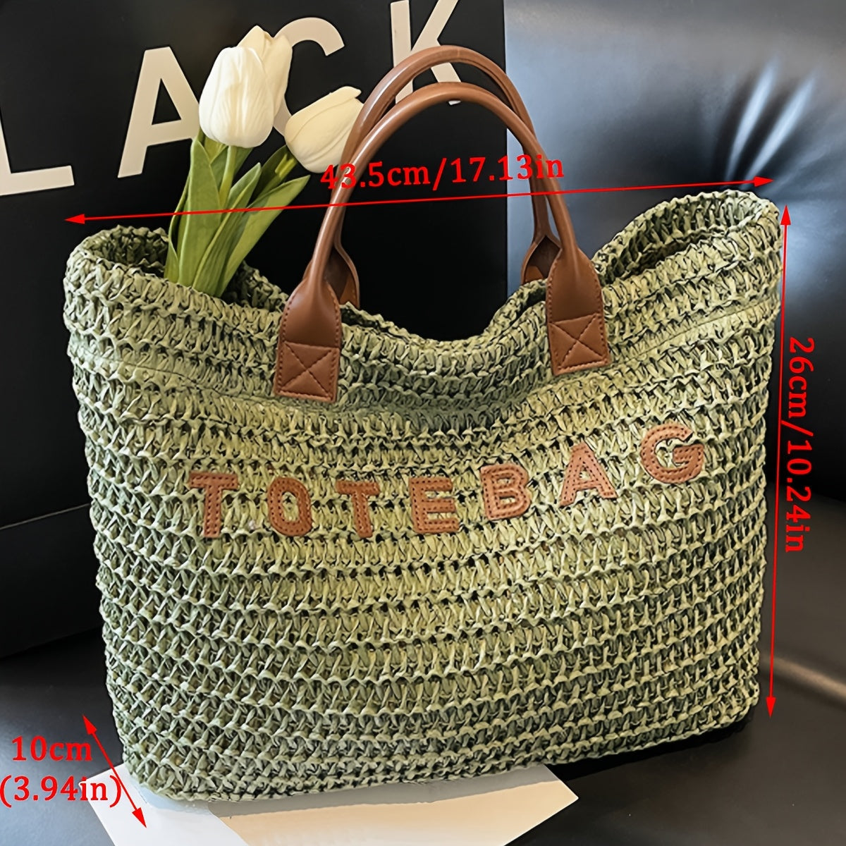 Large Woven Tote Bag with Leather Handles