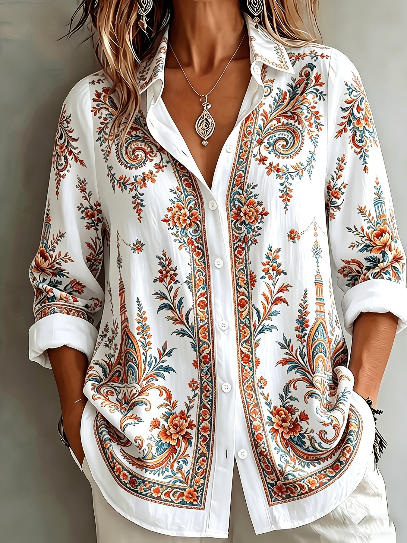 Floral Paisley Print Long Sleeve Oversized Casual Blouse