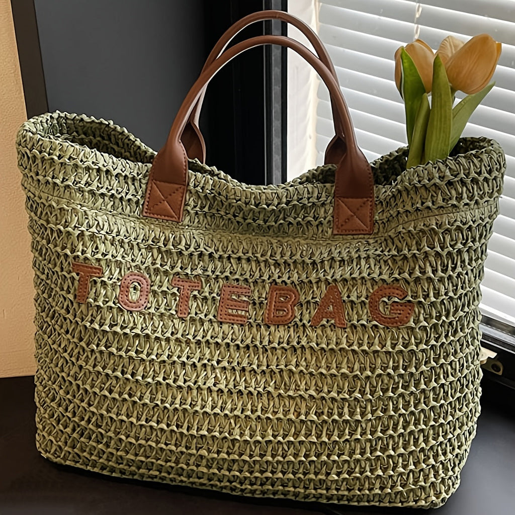 Large Woven Tote Bag with Leather Handles