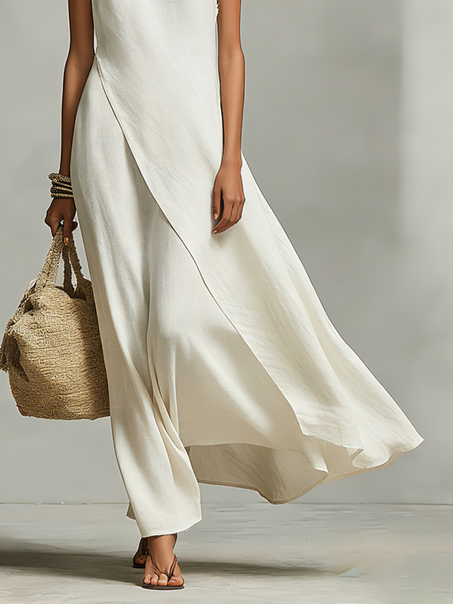 Asymmetric Hem Sleeveless Flowy Linen Maxi Dress