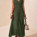 Gold Ring Strap Ruched Bust V Neck Flowy Maxi Dress