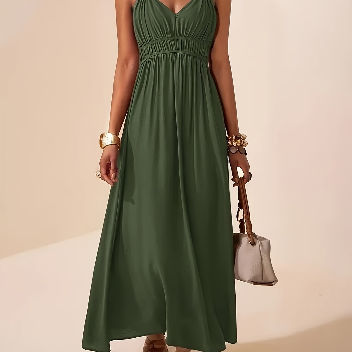 Gold Ring Strap Ruched Bust V Neck Flowy Maxi Dress