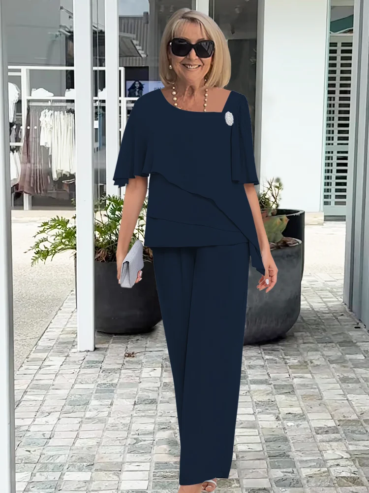 Chiffon Cape Top Trouser Two Piece Set - Formal Occasion