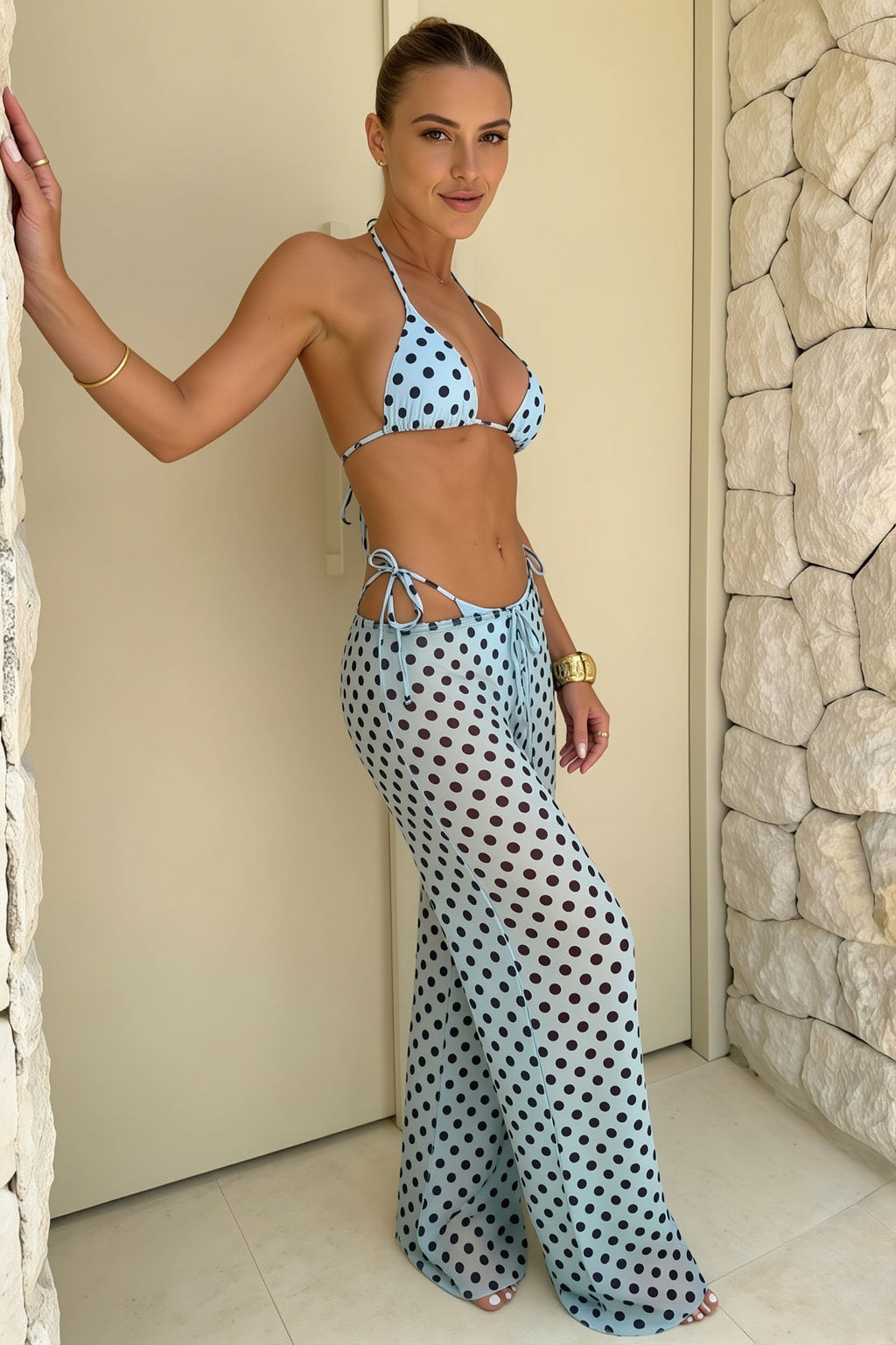 Polka Dot Tie Side Bikini With Pants Three Piece Swim Sets