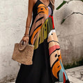 Abstract Tropical Print Spaghetti Strap V Neck Flowy Maxi Dress