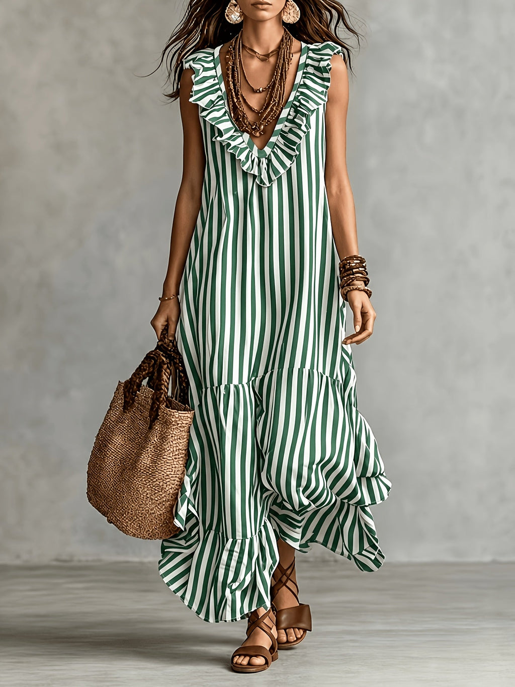 Striped Ruffled V Neck Boho Maxi Dress for Vacation