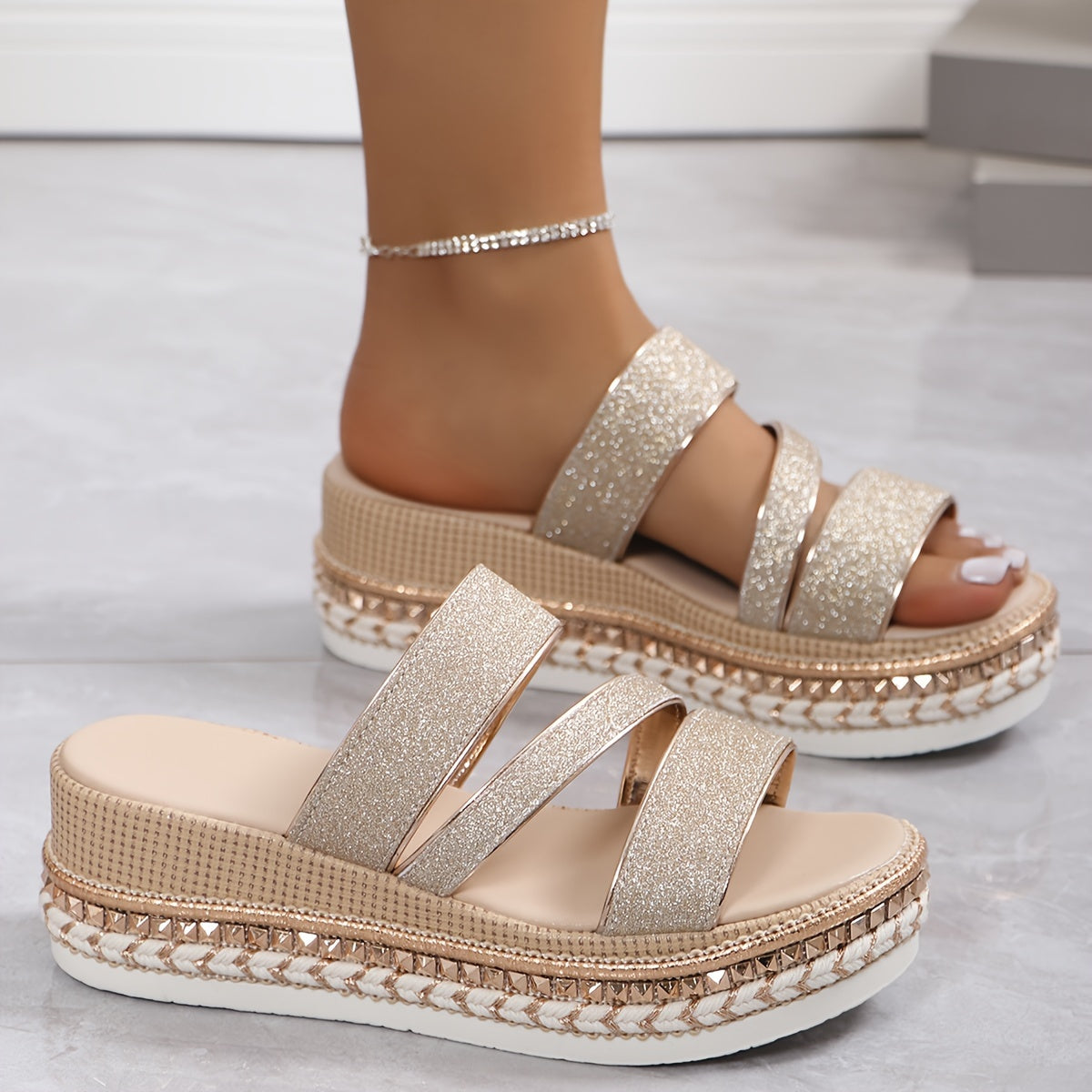 Glitter Multi Strap Velcro Studded Platform Wedge Sandal