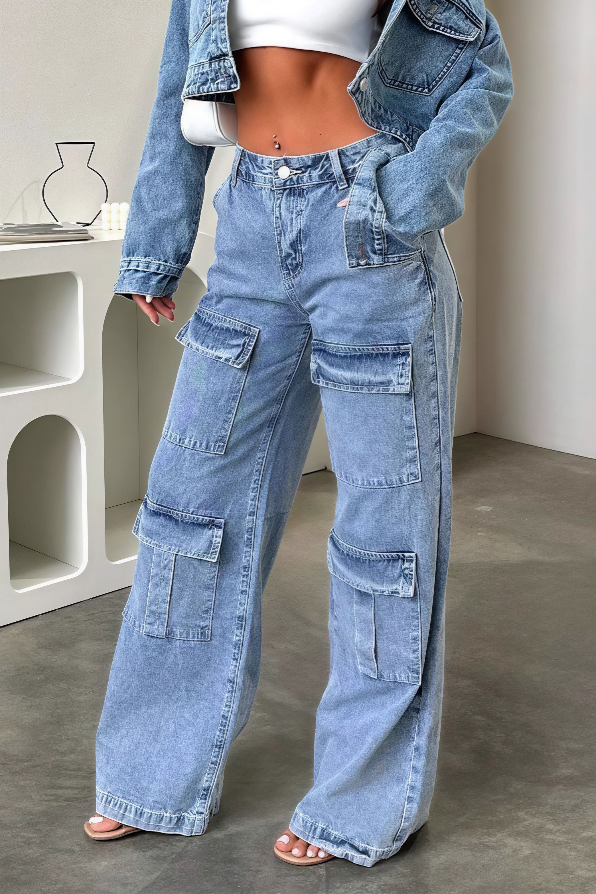 Retro Pocket Washed Cargo Straight Jeans