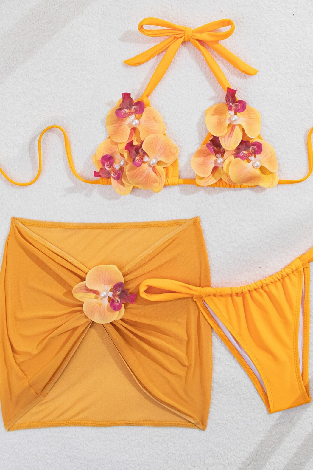 Stereo Flower Decor Three Piece Swim Set