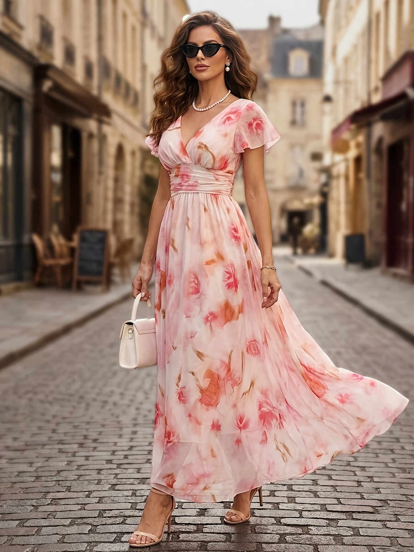 Floral Flutter Sleeve Deep V Neck Flowy Maxi Dress - Wedding Guest