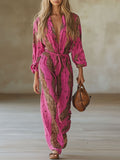 Snakeskin Print Deep V-Neck Belted Wide Leg Jumpsuit