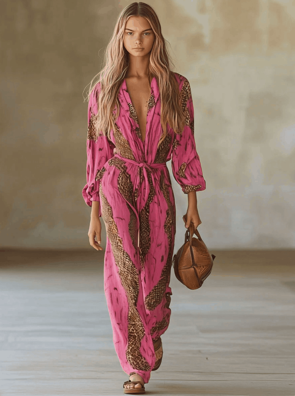 Snakeskin Print Deep V-Neck Belted Wide Leg Jumpsuit