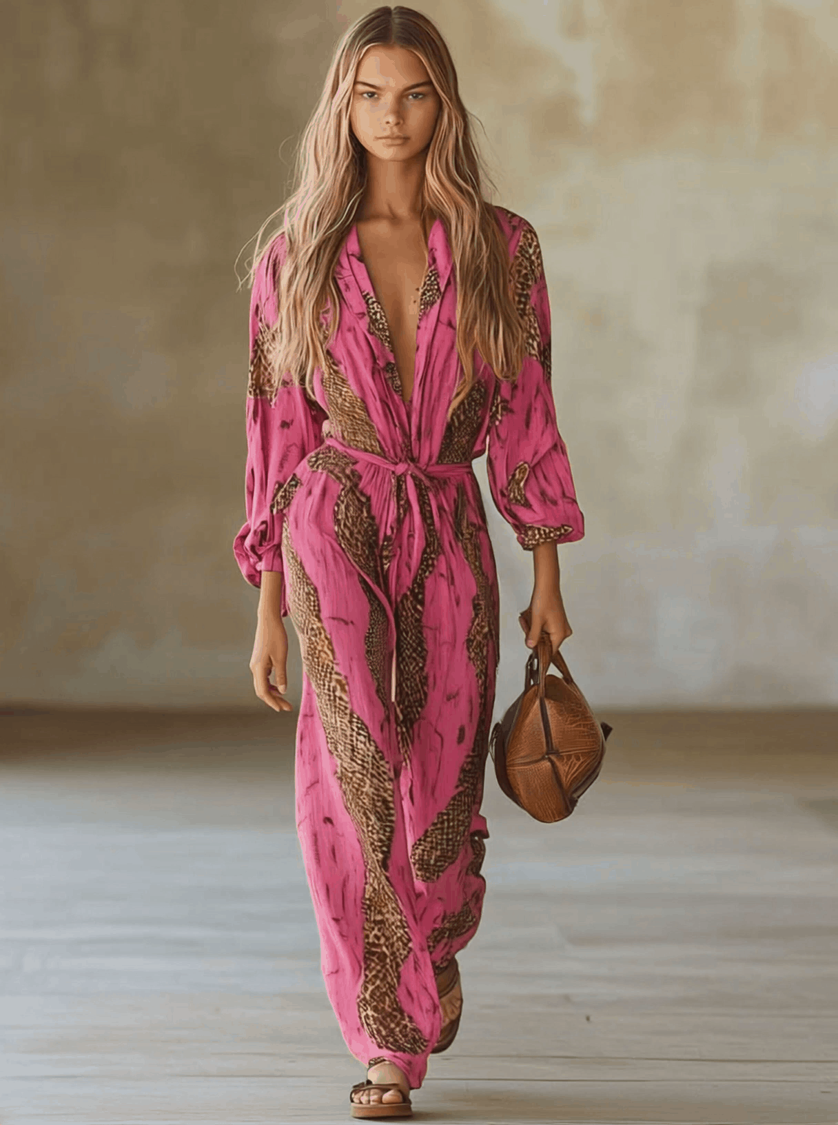 Snakeskin Print Deep V-Neck Belted Wide Leg Jumpsuit