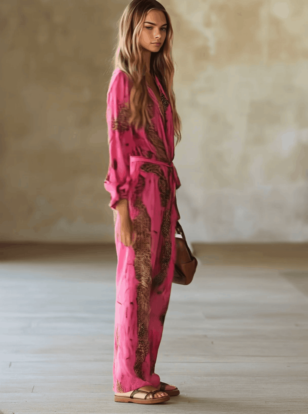 Snakeskin Print Deep V-Neck Belted Wide Leg Jumpsuit