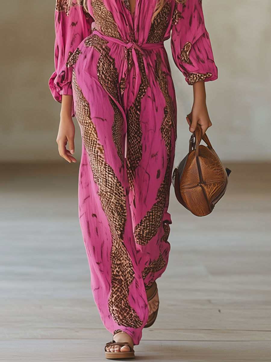 Snakeskin Print Deep V-Neck Belted Wide Leg Jumpsuit