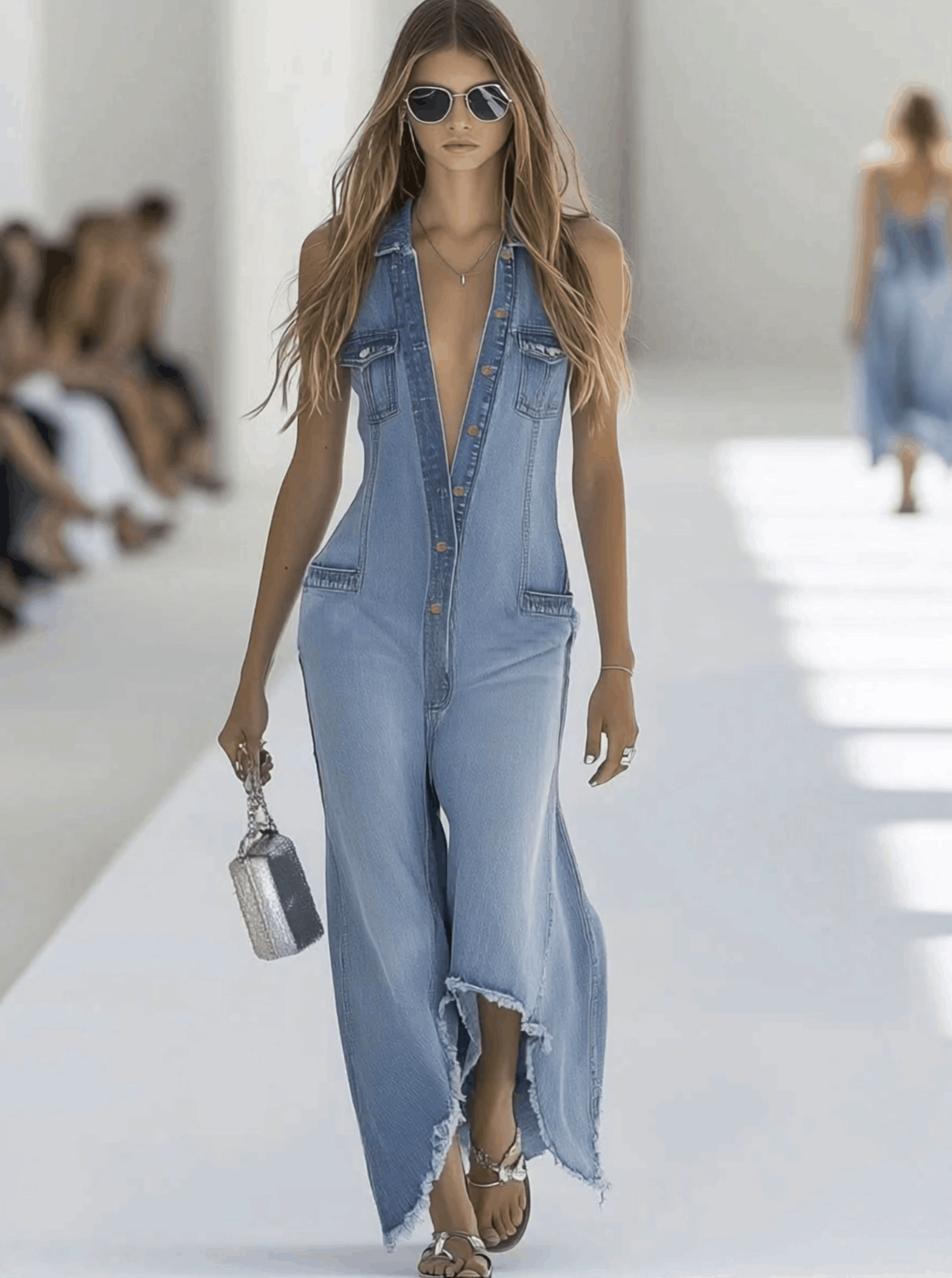 Sleeveless Button Front Raw Hem Wide Leg Denim Jumpsuit
