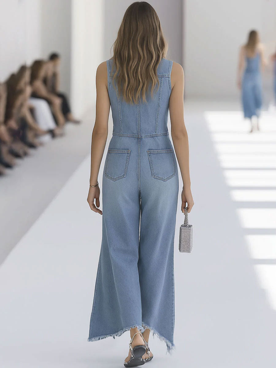Sleeveless Button Front Raw Hem Wide Leg Denim Jumpsuit