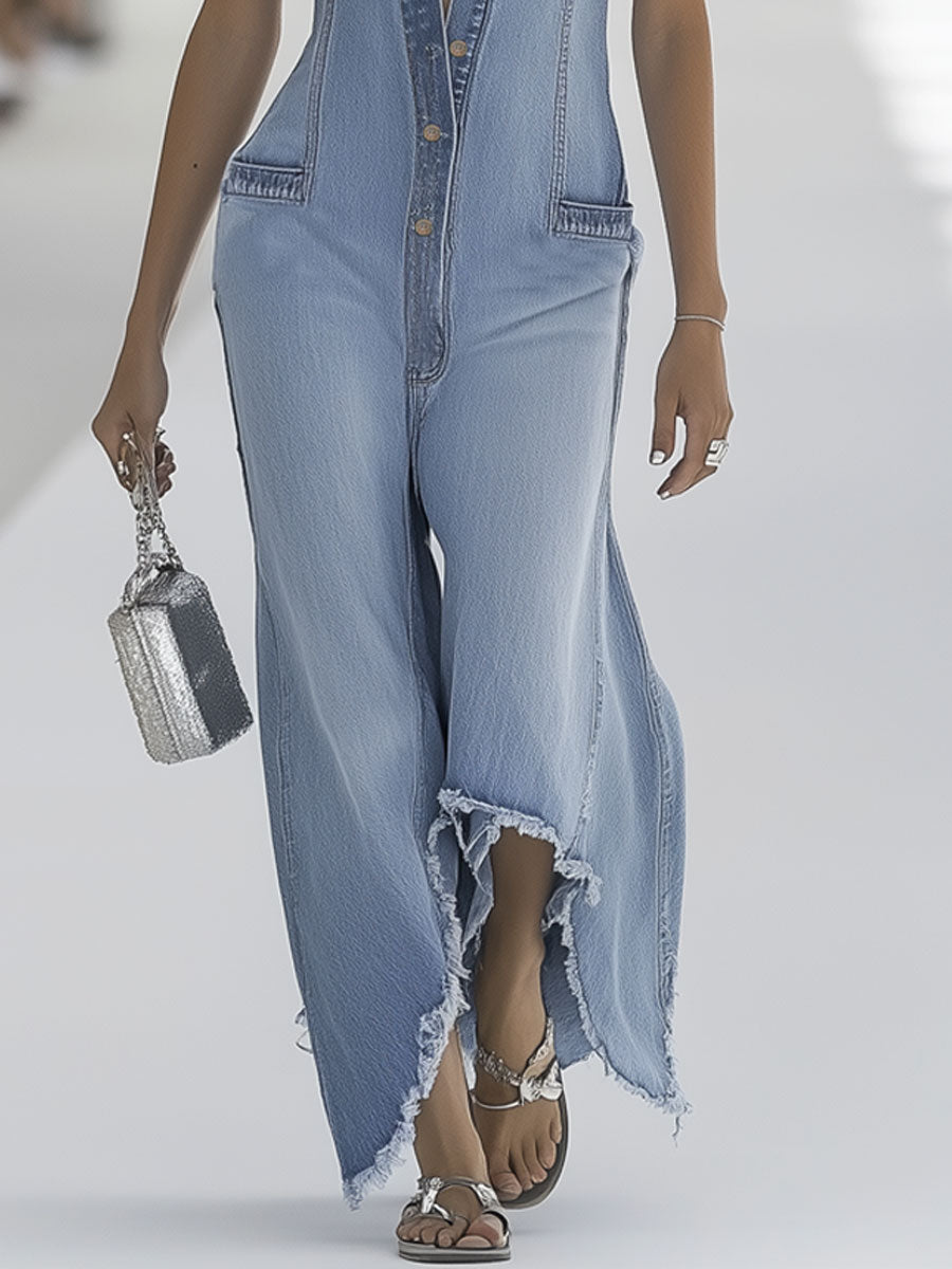 Sleeveless Button Front Raw Hem Wide Leg Denim Jumpsuit