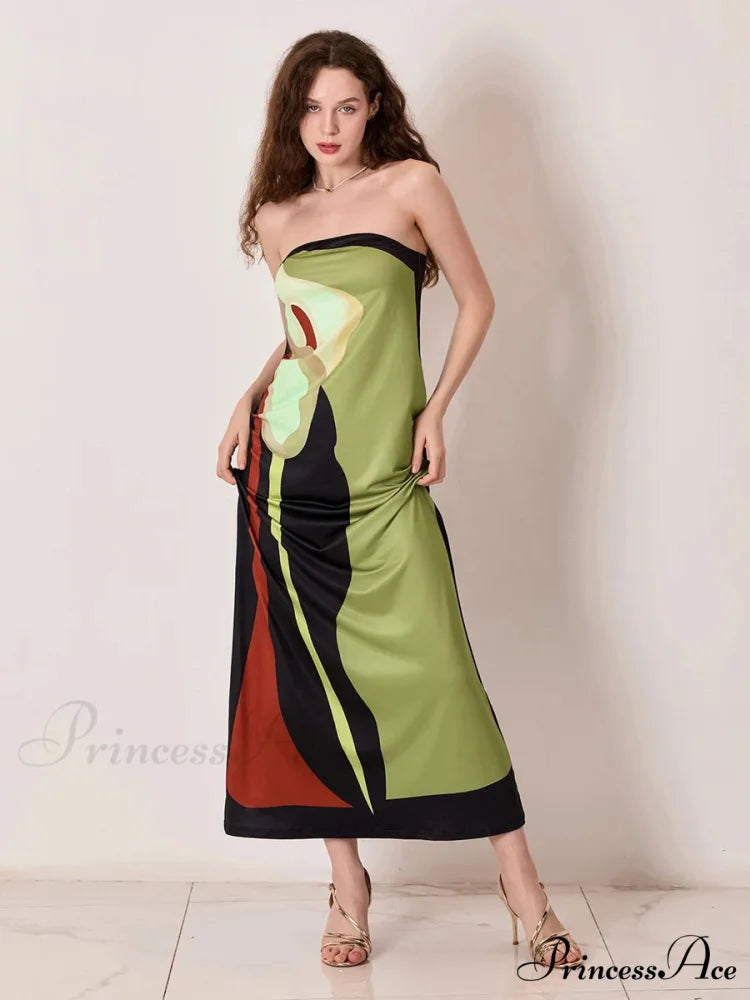Antique Abstract Flower Strapless Open-Back Loose Tube Top Flower Dress