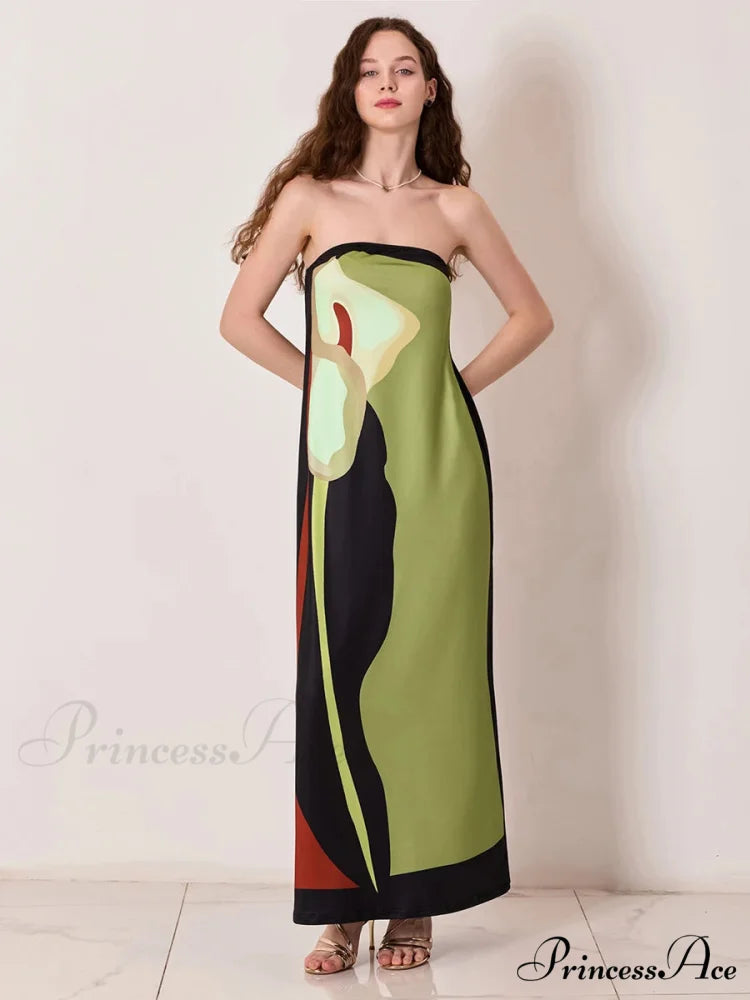 Antique Abstract Flower Strapless Open-Back Loose Tube Top Flower Dress