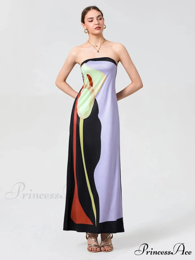 Antique Abstract Flower Strapless Open-Back Loose Tube Top Flower Dress