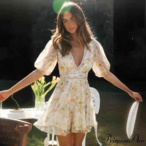 Antique Flower Pattern Long Sleeve Cutout Seductive V-neck Mini Boho Dress