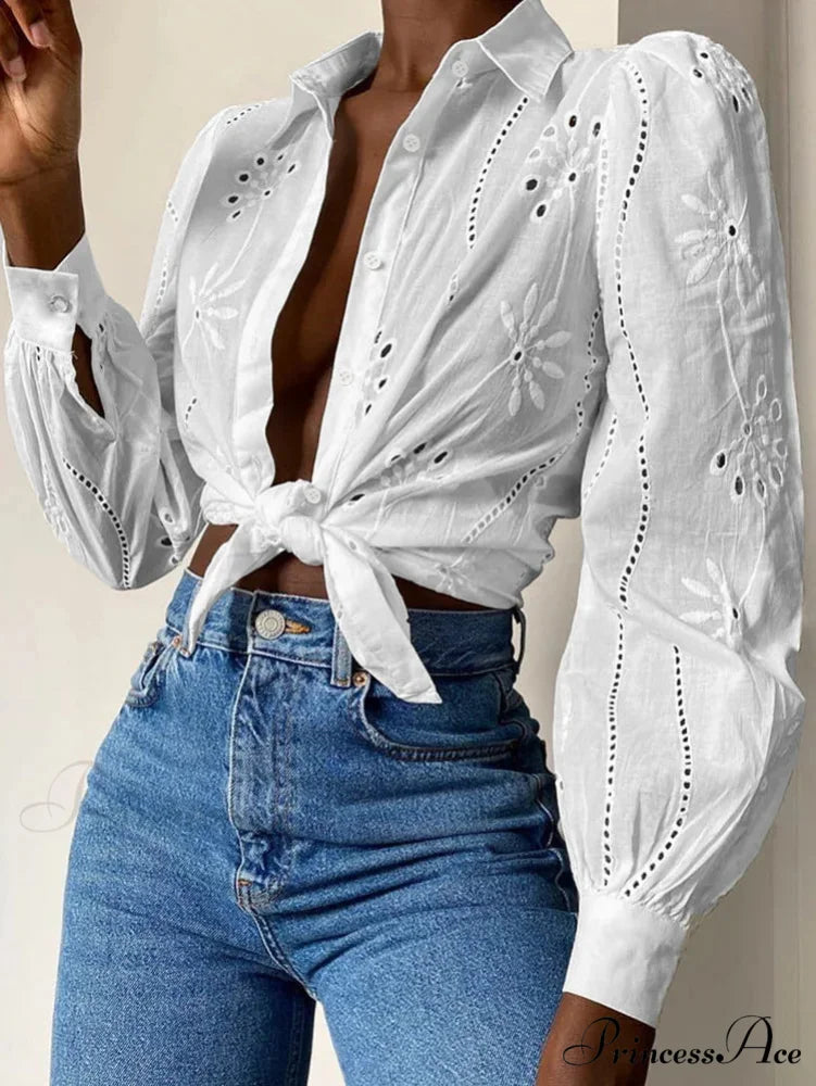 Antique Flower Stitching Hollow Out Puff Sleeve Boho Top