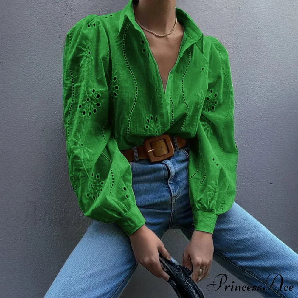 Antique Flower Stitching Hollow Out Puff Sleeve Boho Top