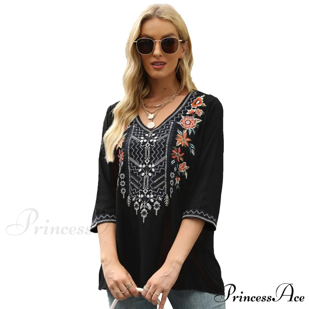 Antique Flowery Stitching Baggy Cotton Extended Sleeve Boho Blouse