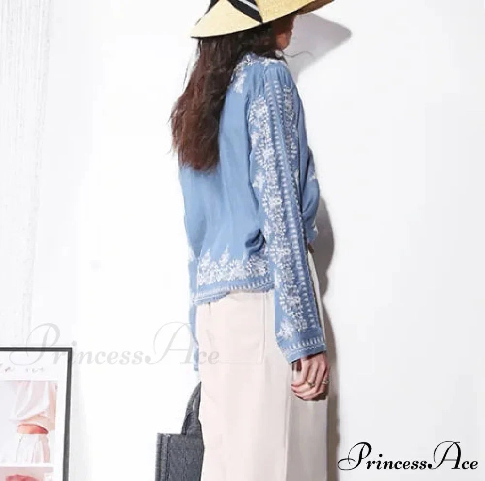 Antique Flowery Stitching Cotton Denim Extended Sleeve Boho Blouse