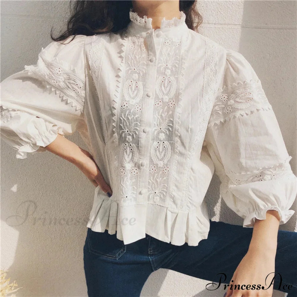 Antique Flowery Stitching Cotton Linen Lantern Sleeve Boho Top