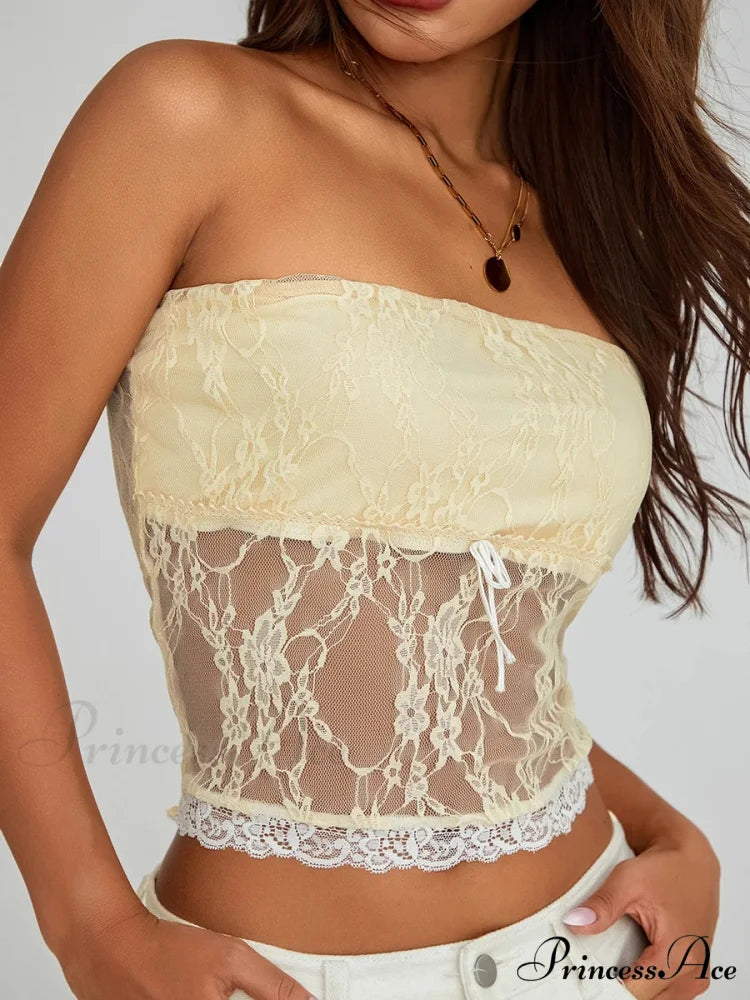 Antique Stitched Flowery Off-the-shoulder Transparent Bandeau Top