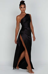 Satin One Shoulder Ruched Bodycon High Split Maxi Dress - Formal Evening Gown