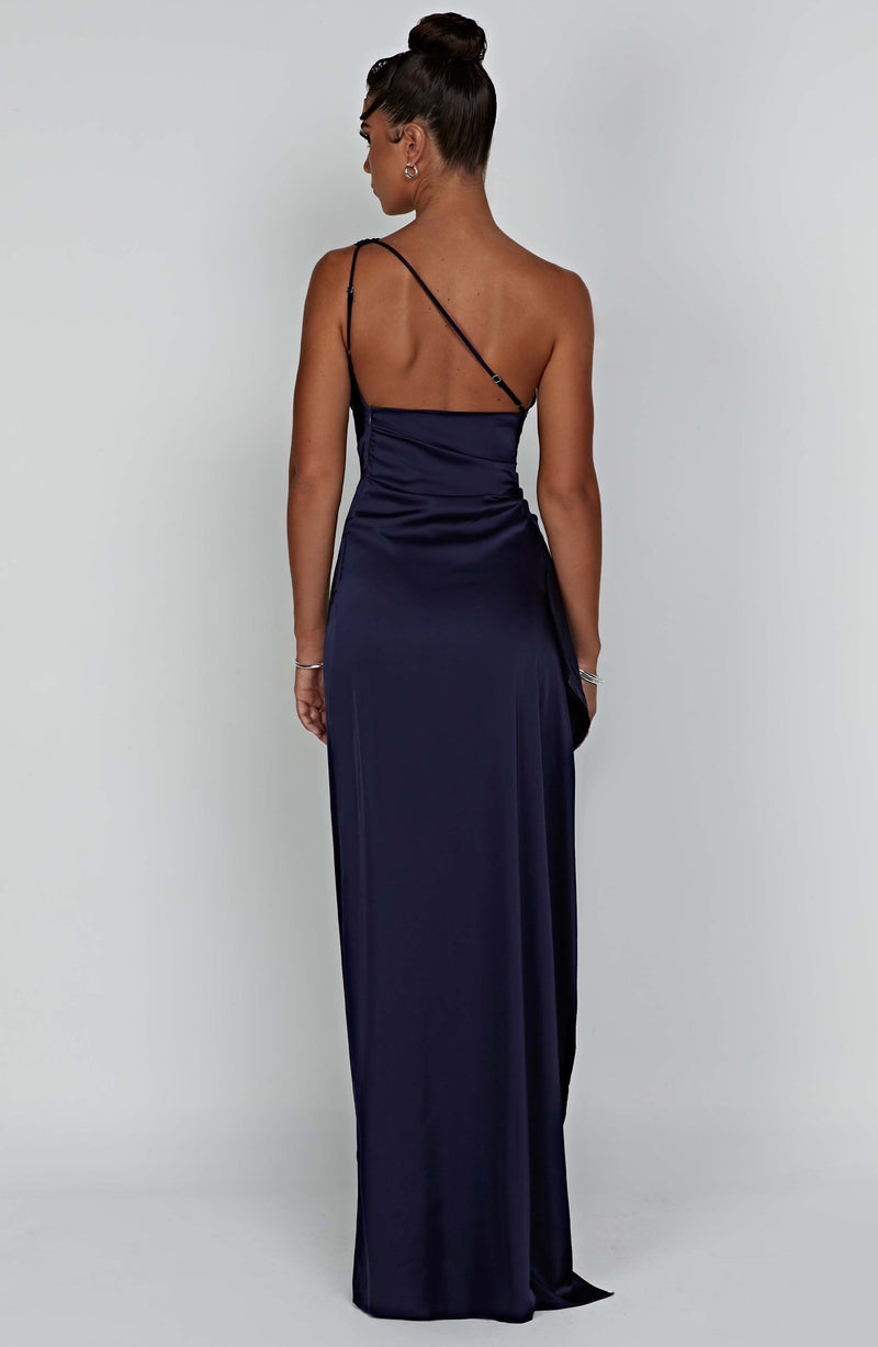 Satin One Shoulder Ruched Bodycon High Split Maxi Dress - Formal Evening Gown