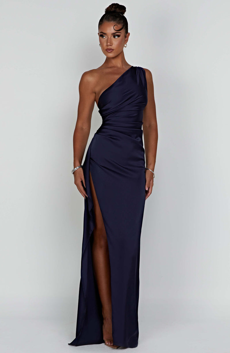 Satin One Shoulder Ruched Bodycon High Split Maxi Dress - Formal Evening Gown